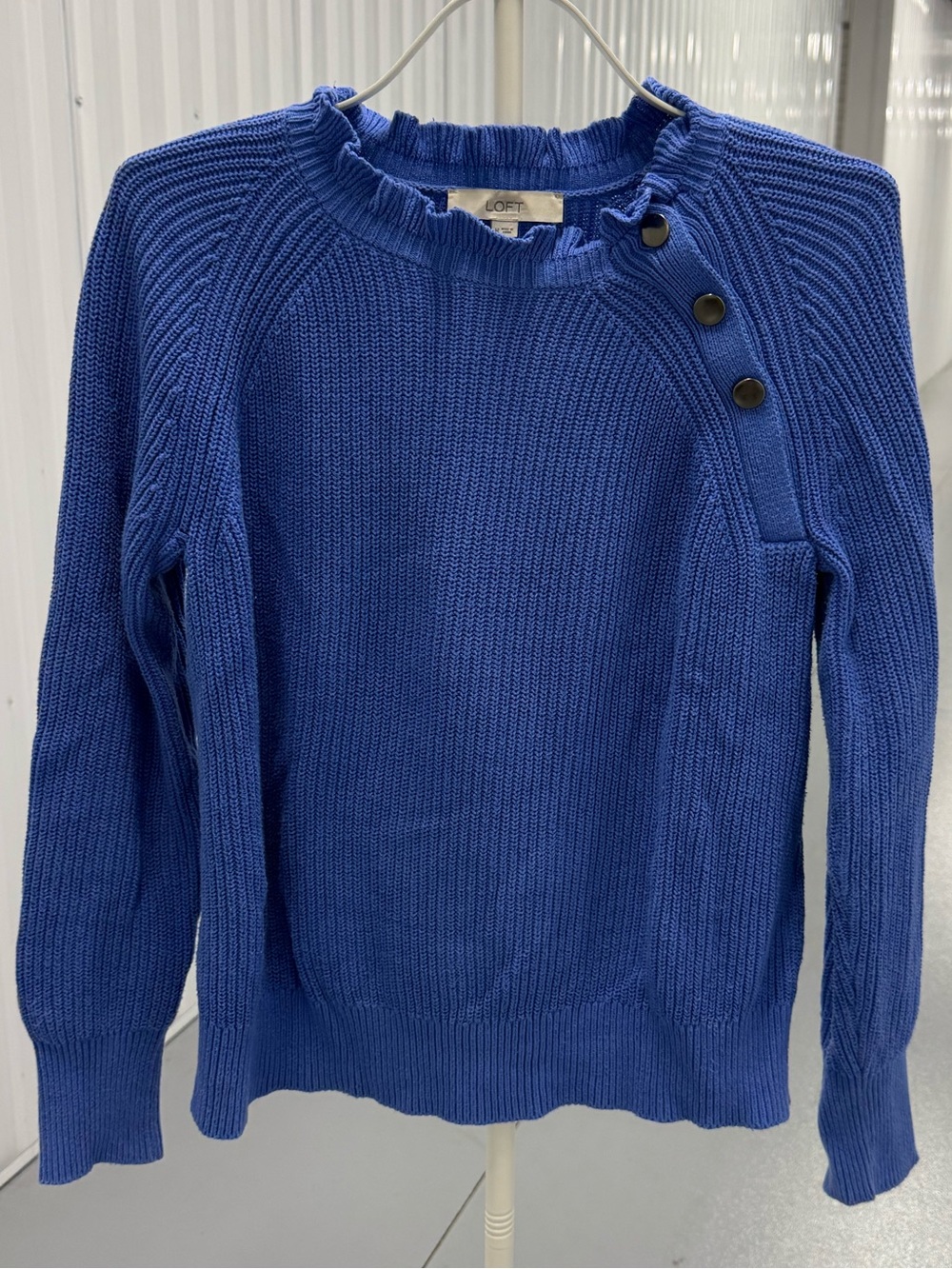 LOFT Cobalt Blue Crewneck Sweater with Shoulder Buttons